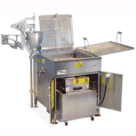 Open Belshaw System floor fryer 618 with mounted depositor