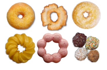 Different kinds of donuts to produce with type B and different plungers